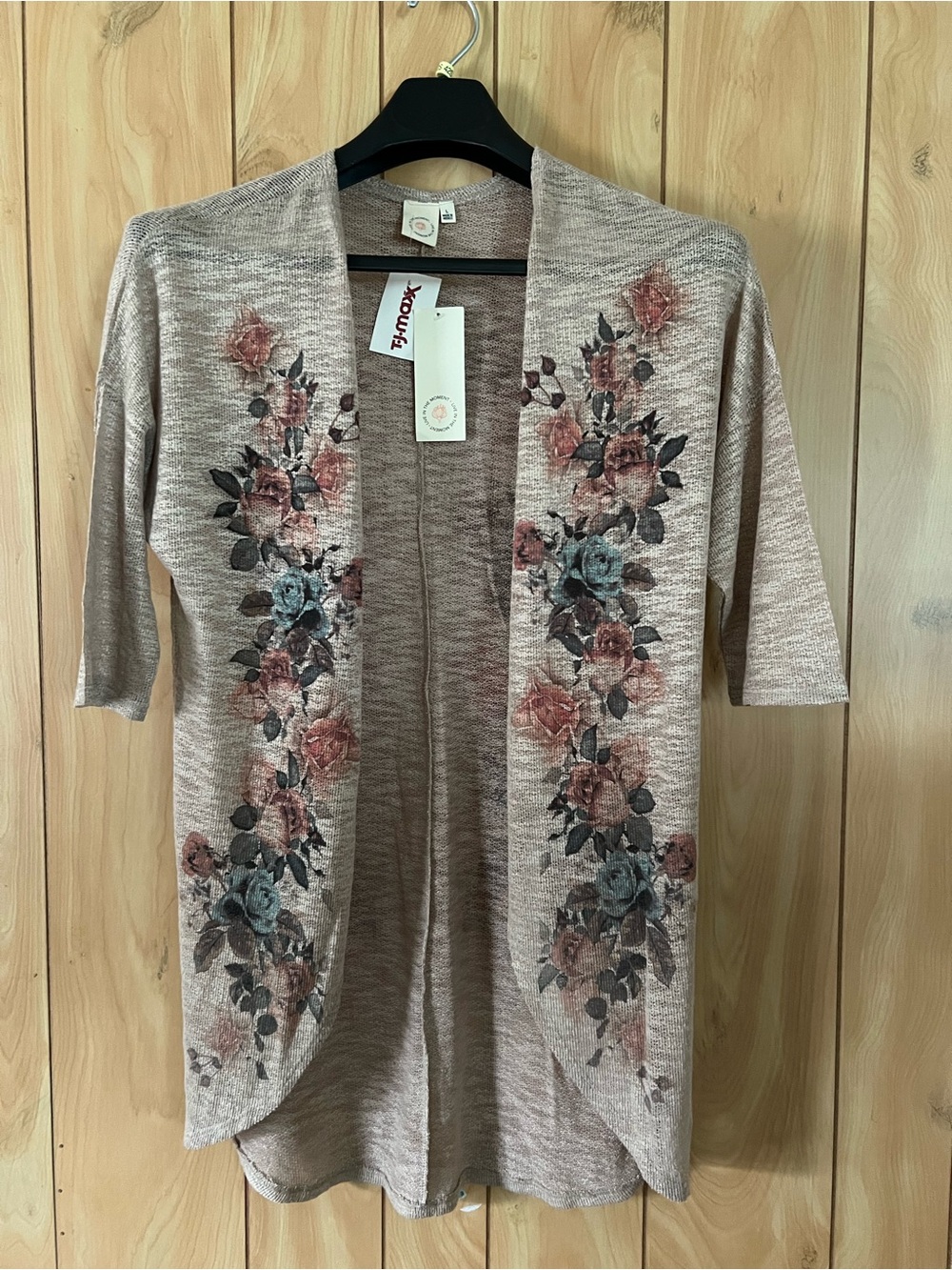 Live In The Moment Floral Knit Cardigan L NWT TJ Maxx Boho Open Front Pink Gray - Picture 7 of 8